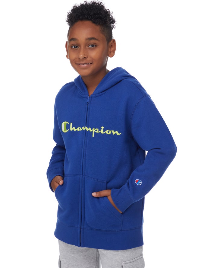 Champion Fleece C + Script Logos Erkek Çocuk Kapşonlu Sweatshirt Mavi ( MLDCIK145 )